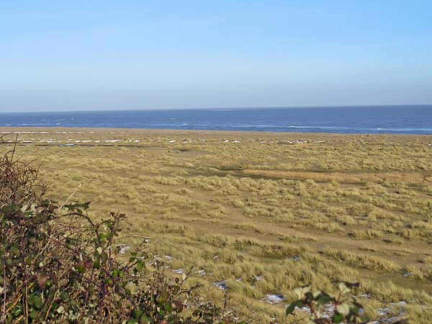 A coastal landscape with grassland and ocean in the background at Sunrise in Kessingland near Lowestoft