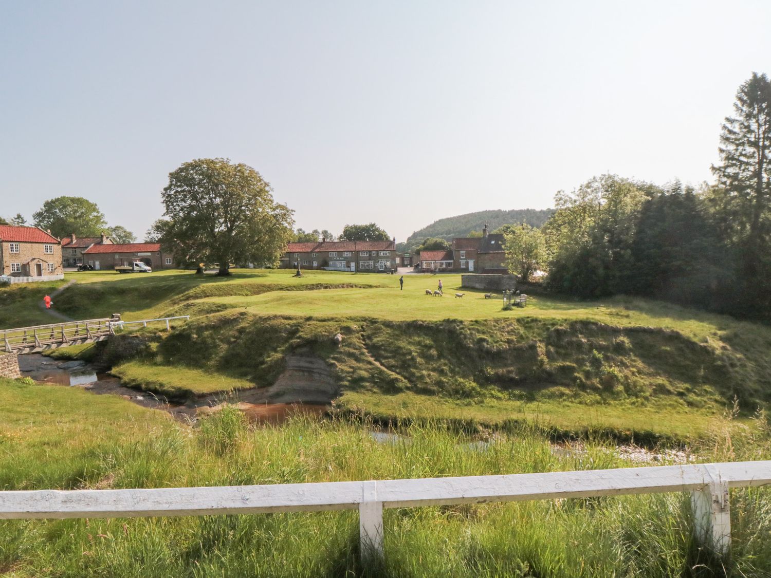 An outdoor area with houses and people walking dogs at Brookleigh in Hutton-le-Hole