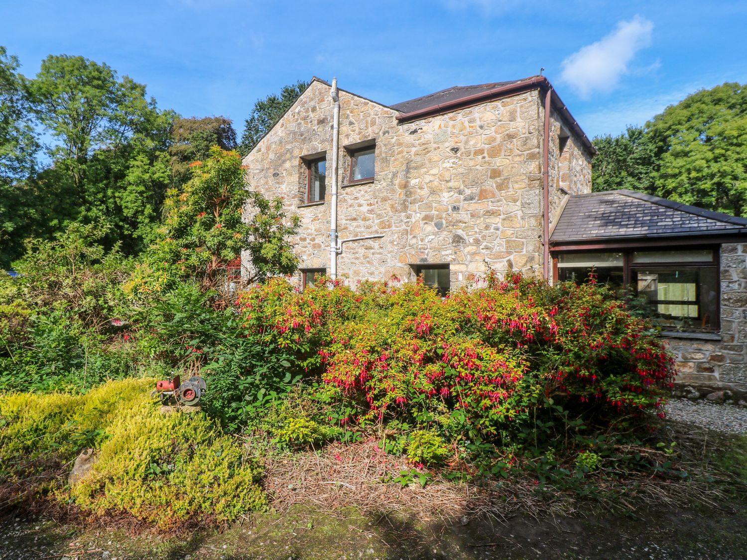 A stone house with multiple windows surrounded by green shrubs and plants at Avallon in Penzance