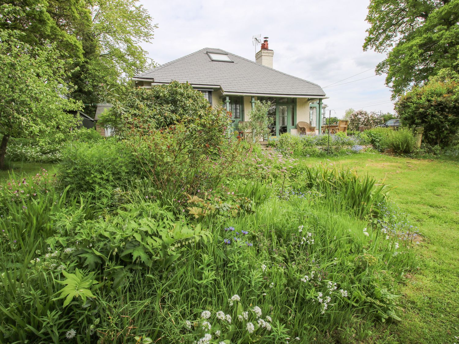 A garden with various plants and flowers in front of a house with a gray roof and green window frames at Hill Brow in Hatton near Church Stretton