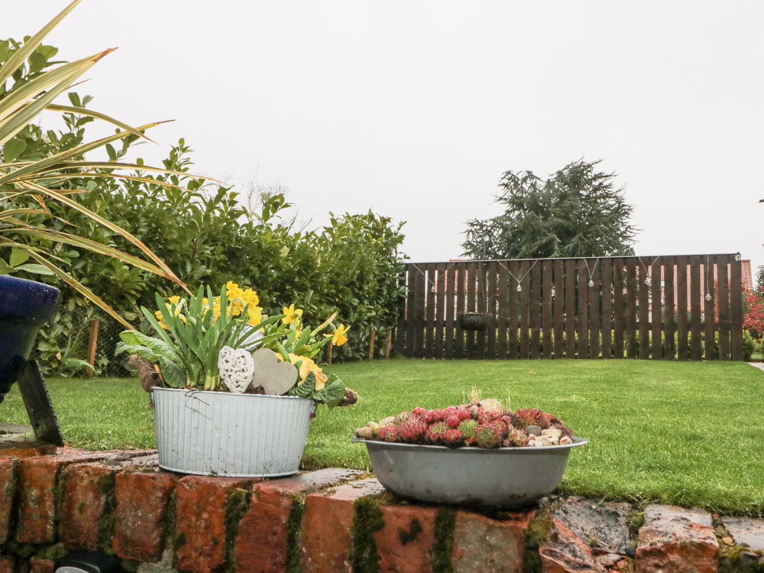 A garden with potted plants on a brick wall and a fenced lawn at Amari in Staxton