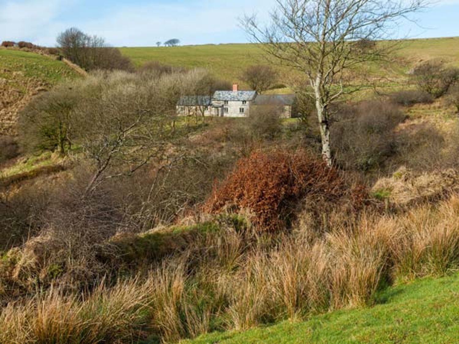 A house surrounded by trees and grassy hills at Limecombe in Simonsbath
