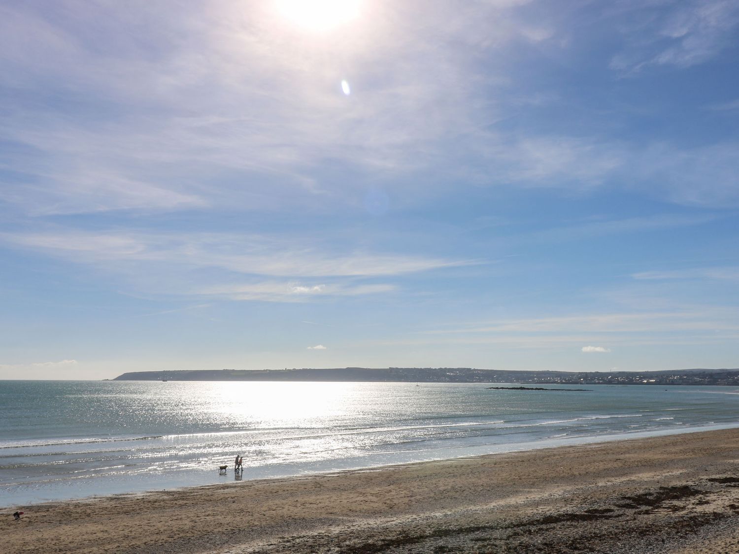 A beach with a person and dog near the shore and distant land across the water at Jubilee Cottage in Penzance