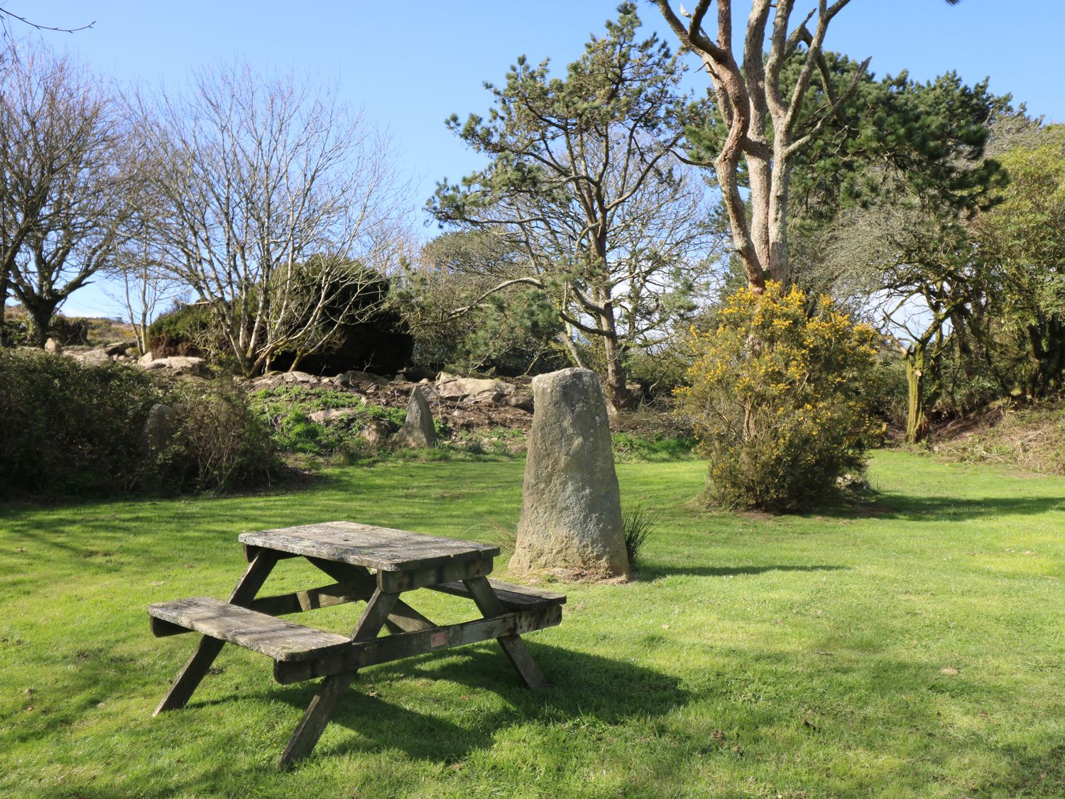 A wooden picnic table on grass with trees and stone monuments in the background at Boskednan Wartha in Penzance