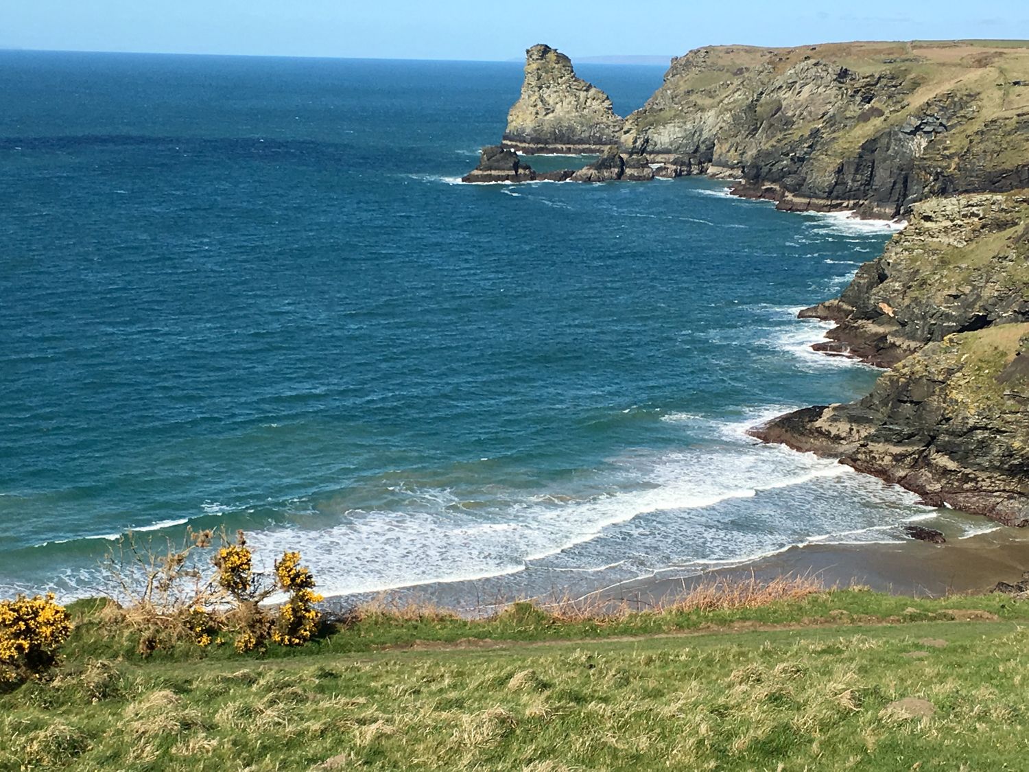 A coastal landscape with grassy cliffs and rocky shoreline by the sea at Oaklands Near Boscastle