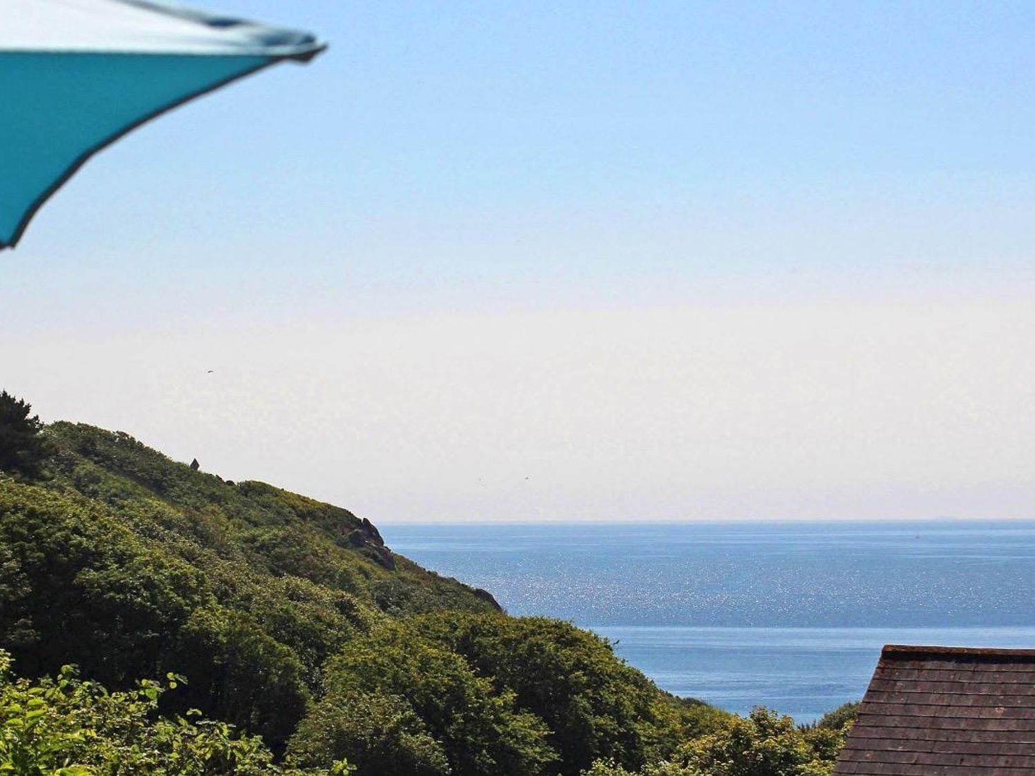 View of a forested hillside overlooking the ocean with a partial view of a blue umbrella and a rooftop at Porthcurno Bay View in Porthcurno