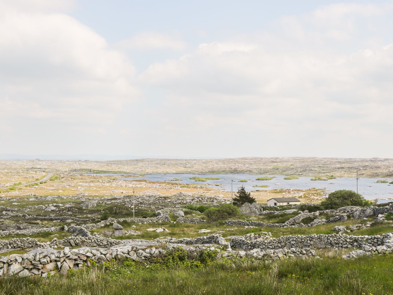 A rocky landscape with stone walls grass and a body of water in the background at Lakeview in Lettermore County Galway