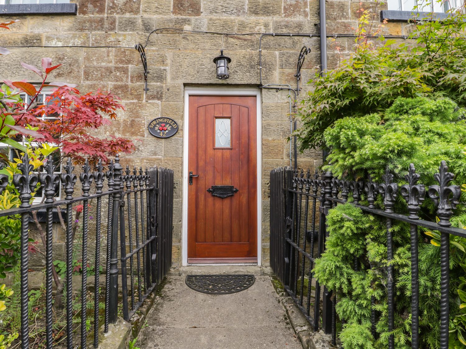 A front door with a window above and black metal railings and plants on both sides at Springfield Cottage in Castleton