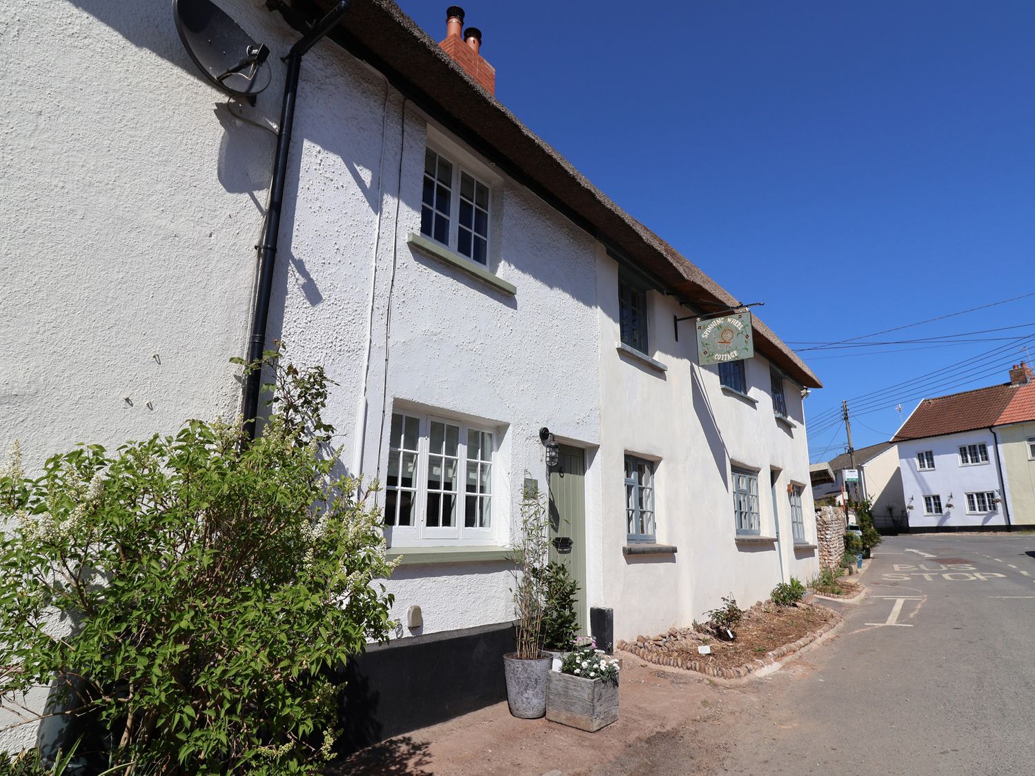A white cottage with a thatched roof and plants outside along a street at Robyn Cottage in Otterton