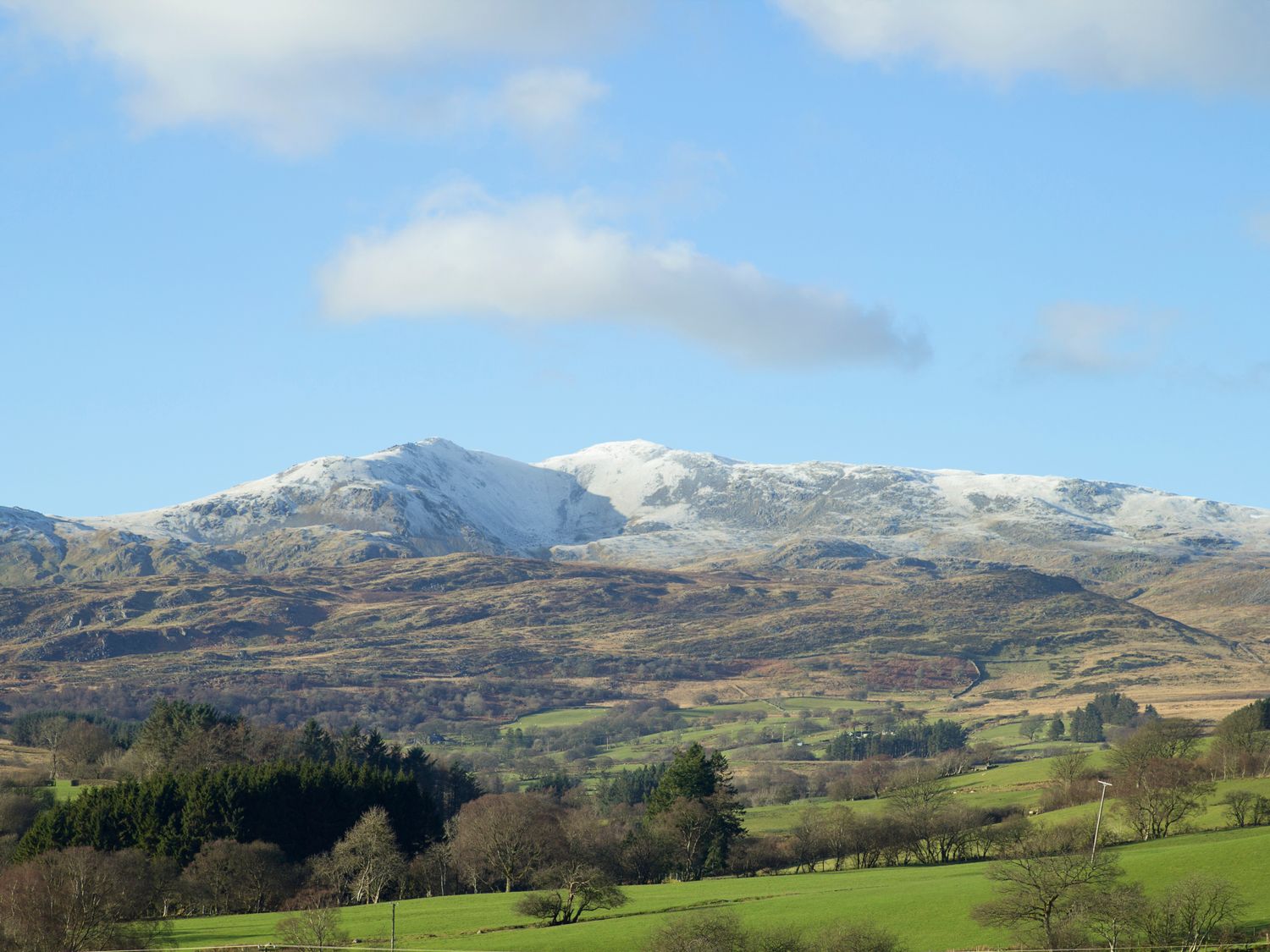 A landscape with green fields trees and snow capped mountains under a blue sky at Cyffdy Cottage - Arenig in Parc near Bala