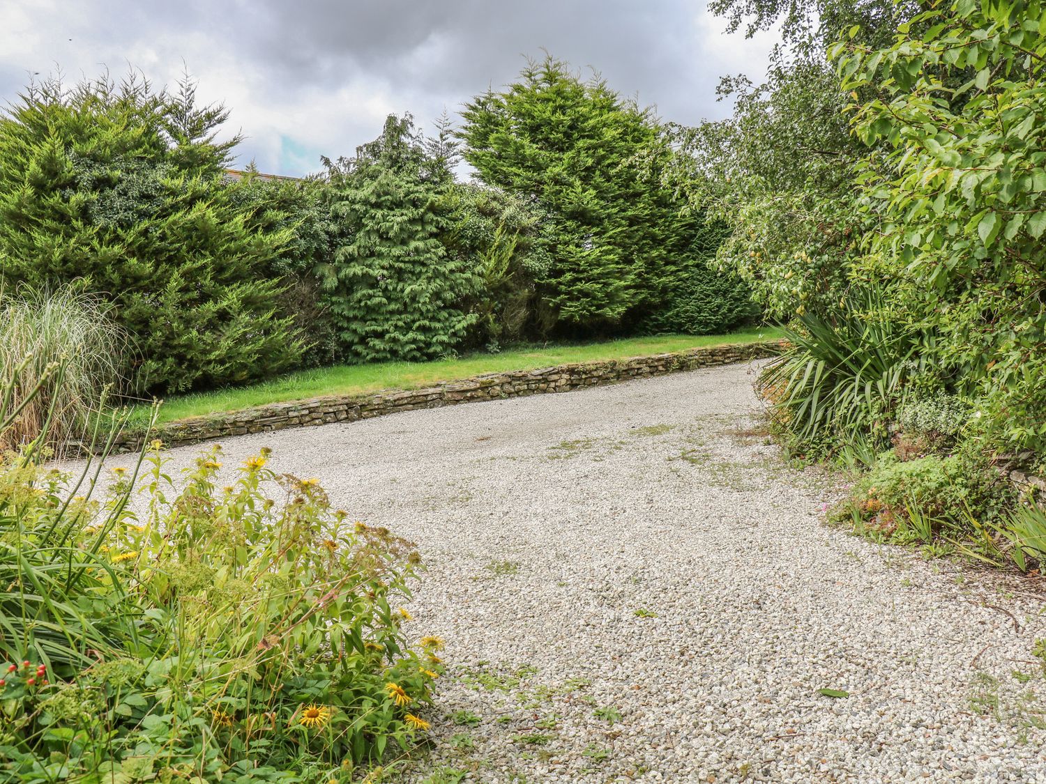A gravel driveway bordered by various shrubs and trees at Whitsand in Tideford