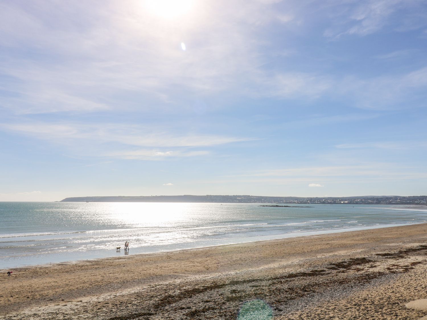A beach with a person and dog near the water under a clear sky at Miner's Rest in Troon near Camborne