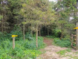 A forest path with green plants and trees and yellow direction signs at Wayside Cottage in Pocklington
