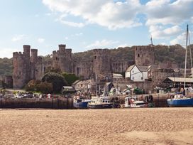 A view of a castle near a river with boats and houses at Coed y Felin in Conwy