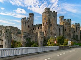 A castle with towers and a bridge at Coed y Felin in Conwy