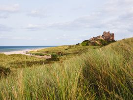 A view of a castle on a hill near a beach at Cowslip in Bamburgh