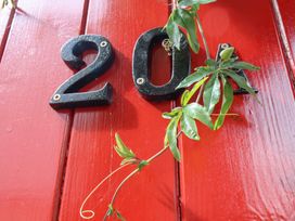 Number 20A with a green plant on a red door at 20A St Hilda's in Whitby