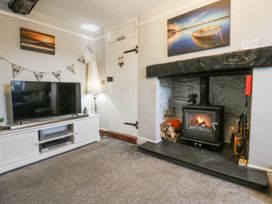 A living room with a television and fireplace at Tan Yr Allt Chwilog