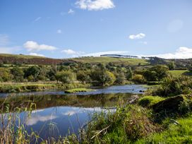 A river surrounded by trees and hills at Bwthyn Bach Brefi