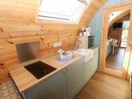 A kitchen with a sink and stove at Bwthyn Bach Brefi in Llanddewi-Brefi