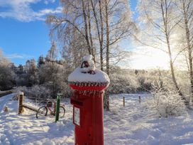 A post box covered in snow near trees and a bicycle at Golden Eagle Lodge in Aviemore