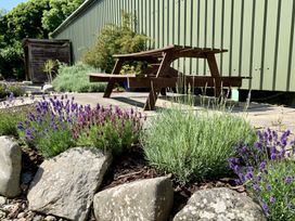 A wooden picnic bench on a stone patio surrounded by flowering lavender plants and large rocks at The Farmhouse in Newport Pembrokeshire