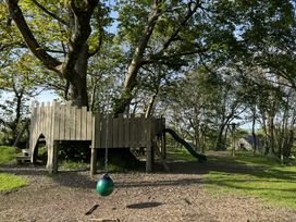 A wooden treehouse with a swing and slide in a grassy outdoor area surrounded by trees at The Farmhouse in Newport Pembrokeshire