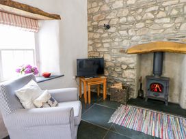 A living room with an armchair and television at West End Cottage in Newport, Pembrokeshire