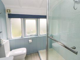 A bathroom with a toilet and a shower at Clifftop Carriage, Aberporth, Ceredigion