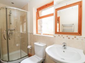A bathroom with shower, toilet, and sink at Dan Castell Cottage in Llandeilo, Carmarthenshire