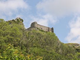 A castle on a hill with trees in the foreground at Dan Castell Cottage, Llandeilo, Carmarthenshire