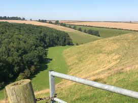 A rural landscape with green fields sheep and patches of trees viewed over a metal gate at 1 Church Barns in Pocklington