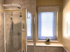 A bathroom with a shower, window, and flower pot at Larchwood Lodge in Ellon
