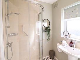 A bathroom with a shower and wash basin at Castle Cove in Abergele