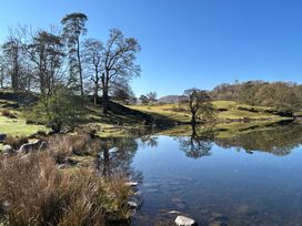 A lakeside with trees and grassy hills under a clear blue sky at Puddleduck in Skelwith Bridge near Chapel Stile