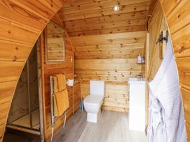 A bathroom with a toilet, sink, and shower at The Rhiw in Llanfair Caereinion