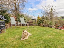 A garden with a dog and furniture at The Rhiw in Llanfair Caereinion