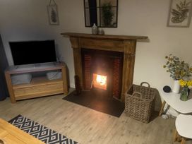 A living room with a fireplace and television stand at Awelfa in Newport, Pembrokeshire