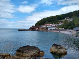 A coastal scene with rocks in the water a small harbor with buildings and a forested hill at Barwood View in Torquay