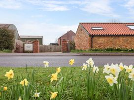 A view of a garden with daffodils and a building at Keith Beck Cottages near Bridlington