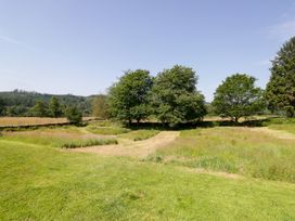 An open field with trees and a pathway at Windermere at the Graythwaite Estate near Hawkshead