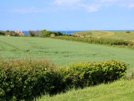 A green field with bushes and a house in the distance near the sea at 4 Thurlestone Beach House in South Milton near Thurlestone