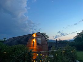 An outdoor cabin with lighting and trees at Embden Pod at Banwy Glamping Llanfair Caereinion