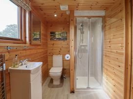A bathroom with a shower and toilet at Embden Pod at Banwy Glamping Llanfair Caereinion