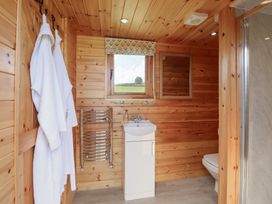 A bathroom with a sink, toilet, and shower at Embden Pod at Banwy Glamping, Llanfair Caereinion