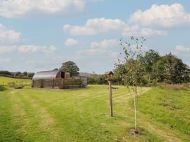 An outdoor view of a cabin with a bird feeder at Embden Pod at Banwy Glamping Llanfair Caereinion