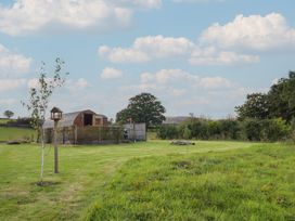 A glamping pod with a bird feeder and tree in a field at Embden Pod at Banwy Glamping Llanfair Caereinion
