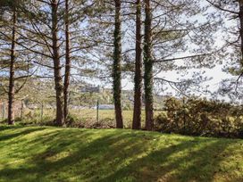 A view of trees and grass with a fence and building in the background at Redwood in Harlech