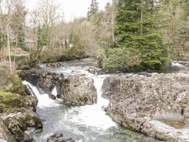 A river flowing through rocks with trees and bushes along the banks at Afallon in Penmachno