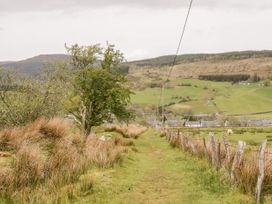 A grassy path with a tree and fence leading towards houses and hills in the background at Afallon in Penmachno